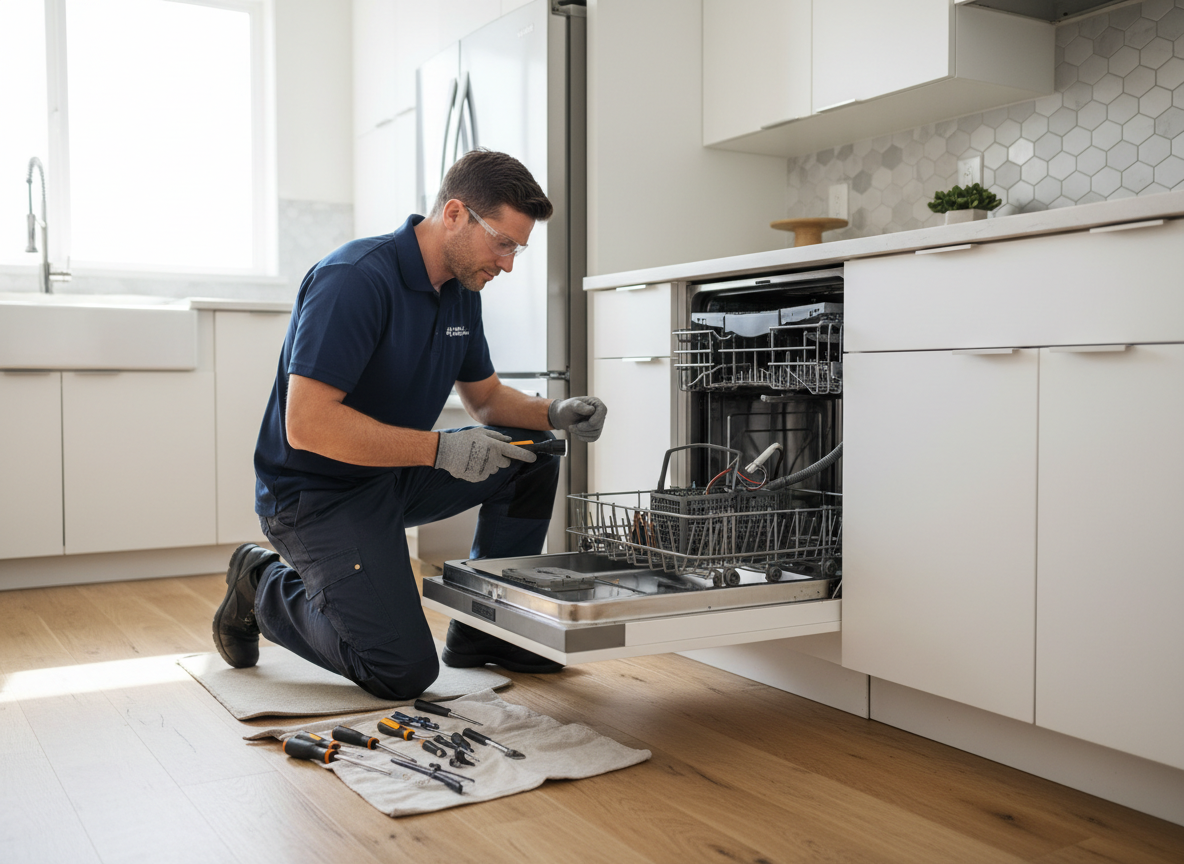 Professional technician inspecting dishwasher interior components