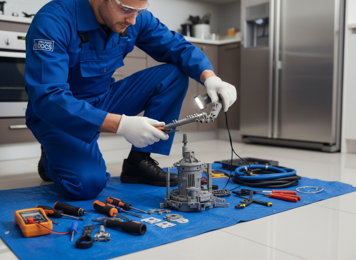 Close-up of technician repairing dishwasher spray arm and pump