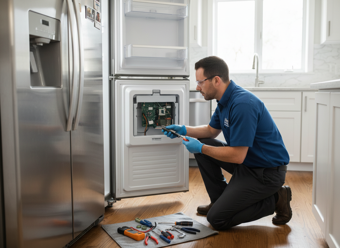 Professional technician repairing ice maker unit inside a stainless steel refrigerator