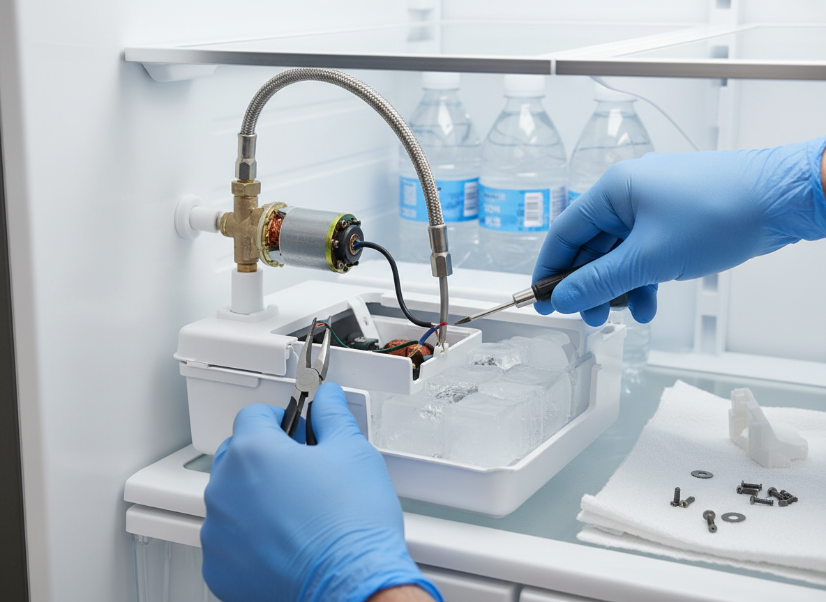 Close-up of ice maker internal components being repaired by a technician