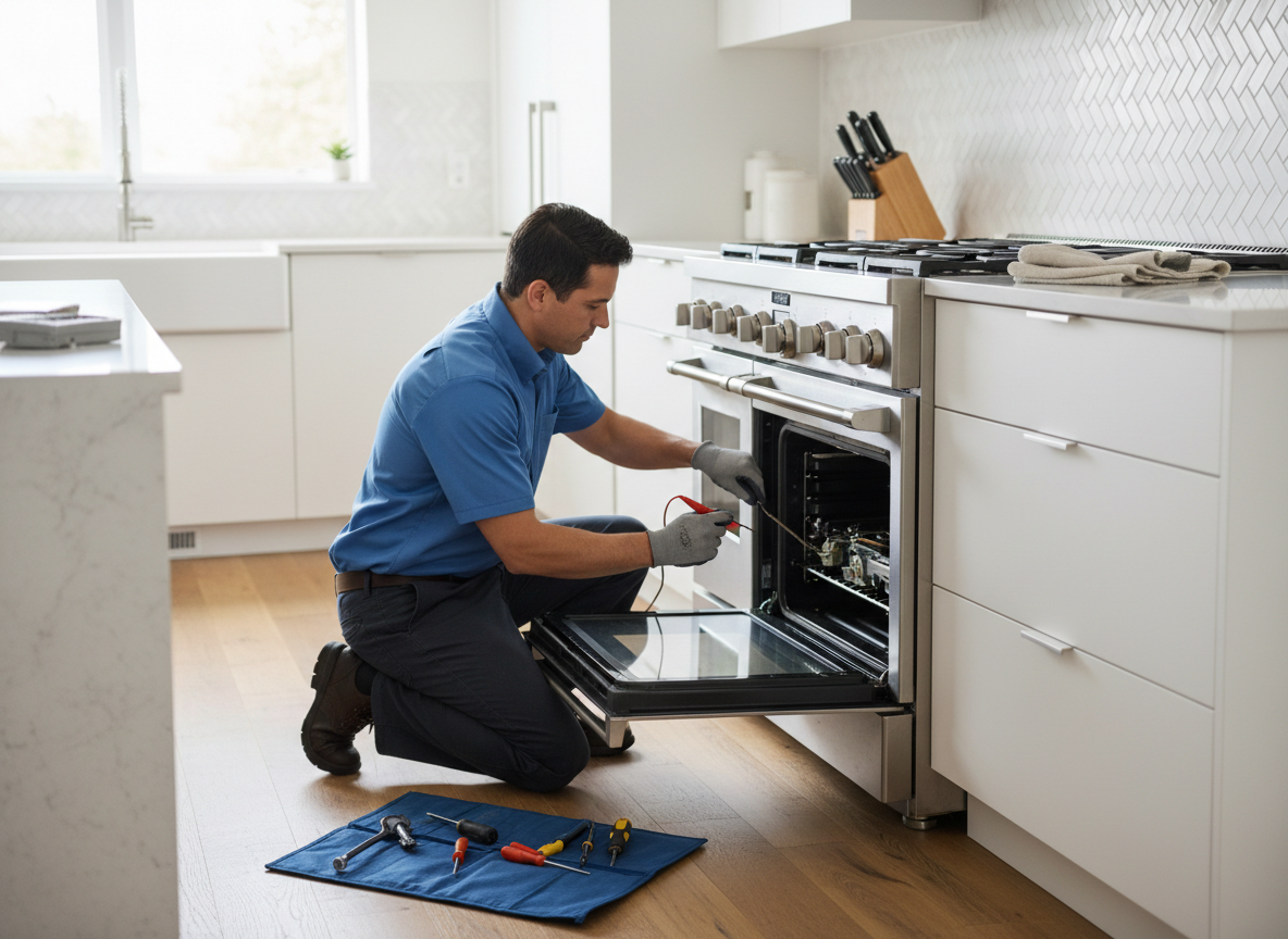 Professional technician repairing a stainless steel stove and oven in a modern kitchen