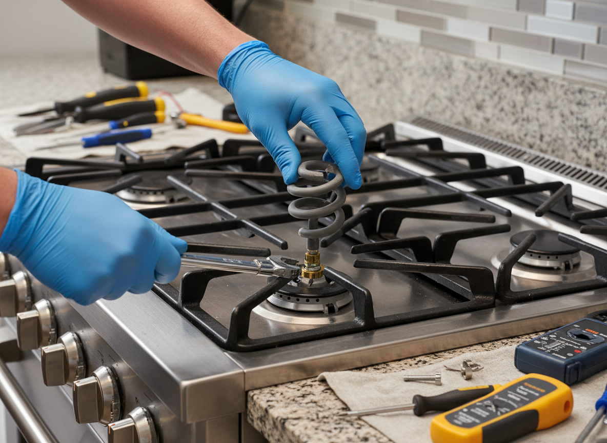 Close-up of technician replacing a burner element on a stove cooktop