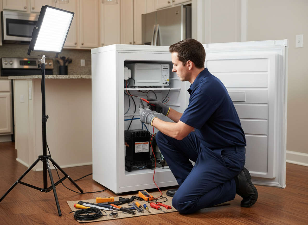 Professional appliance repair technician inspecting and repairing an upright chest freezer in a home