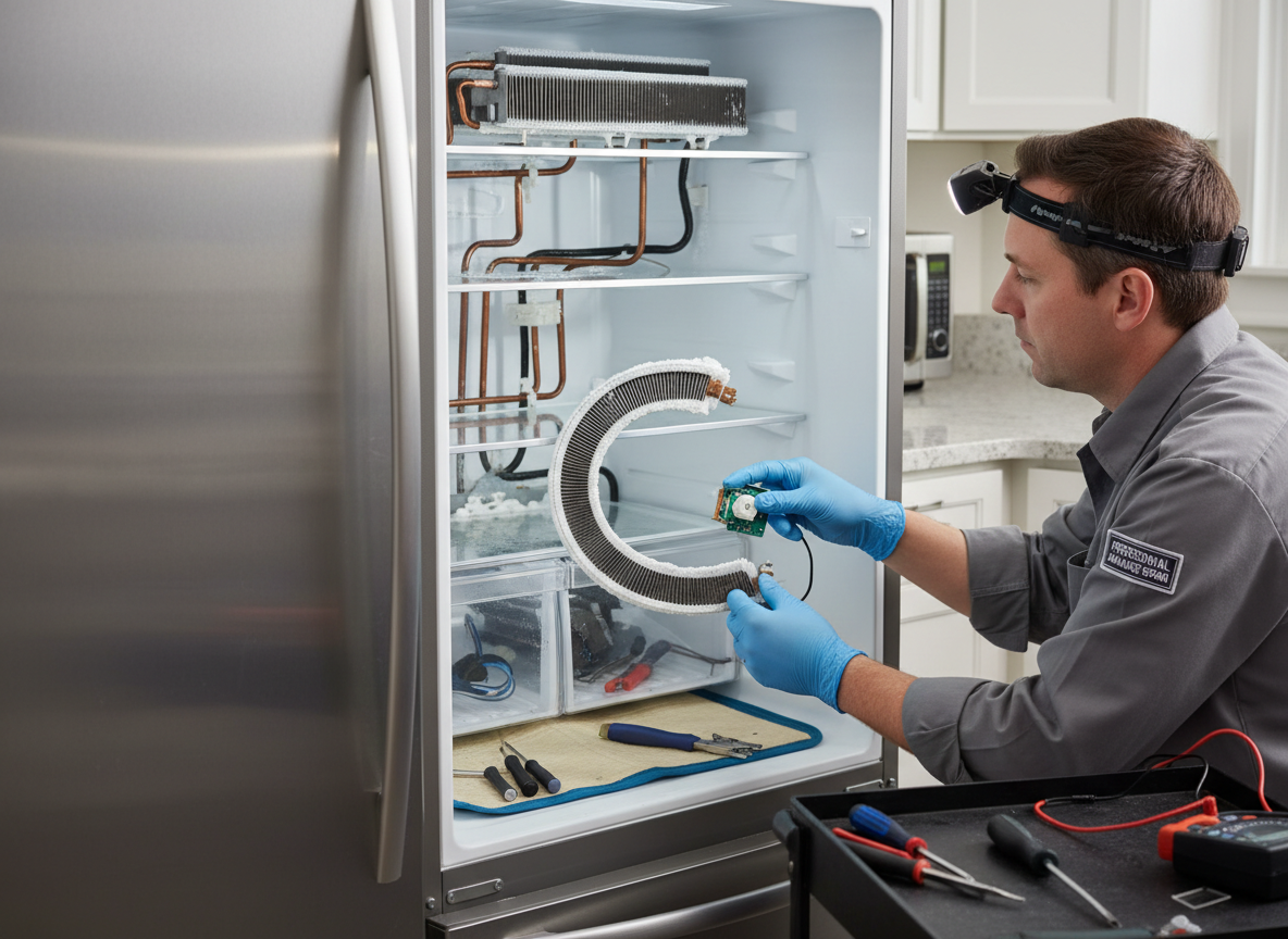 Close-up of a technician repairing internal components of a modern stainless steel freezer