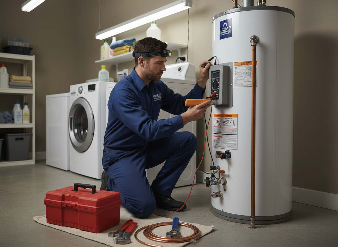 Professional technician inspecting and repairing a residential water heater tank in a utility room