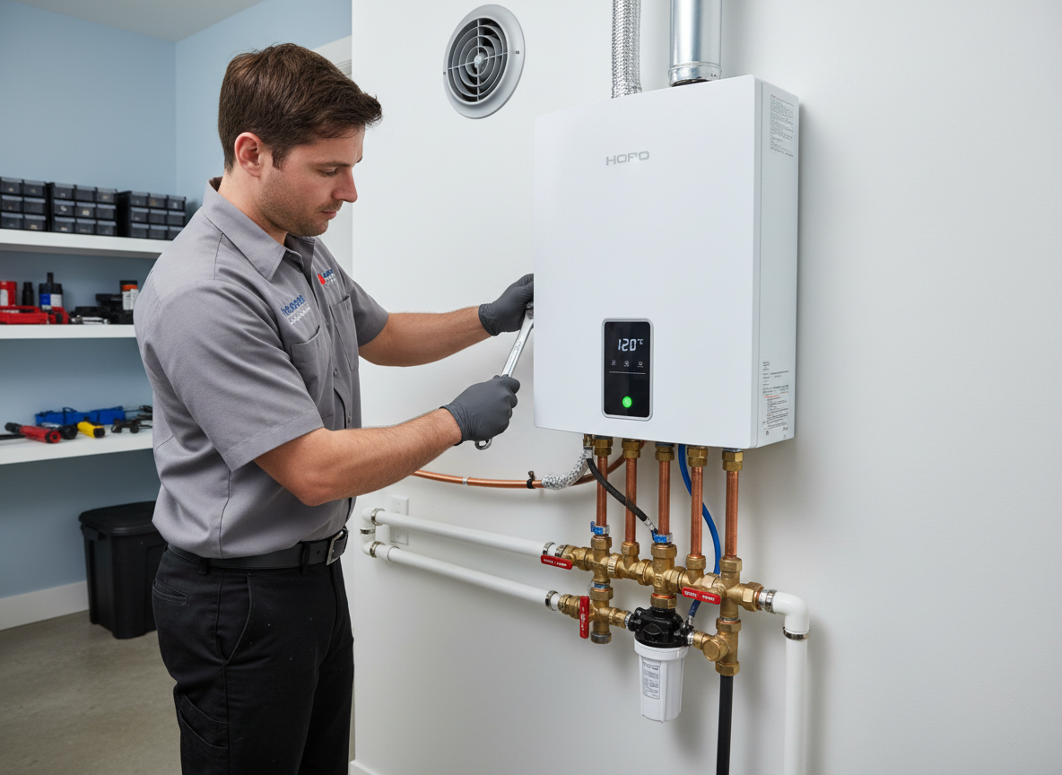 Close-up of a technician servicing a modern water heater, adjusting valves and connections