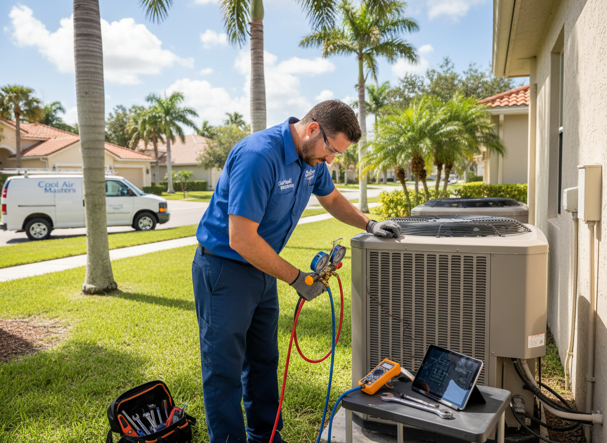 Professional HVAC technician repairing a residential air conditioning outdoor unit in Florida