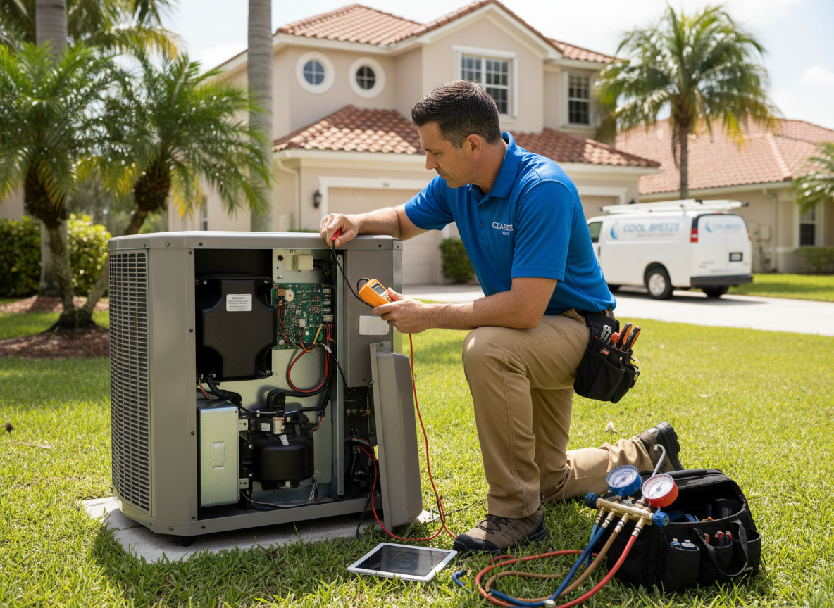 Professional HVAC technician repairing a residential heat pump outdoor unit, using diagnostic equipment