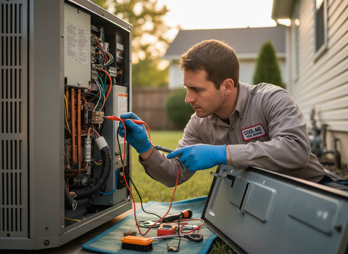 Close-up of a technician inspecting heat pump components, checking electrical connections and refrigerant lines